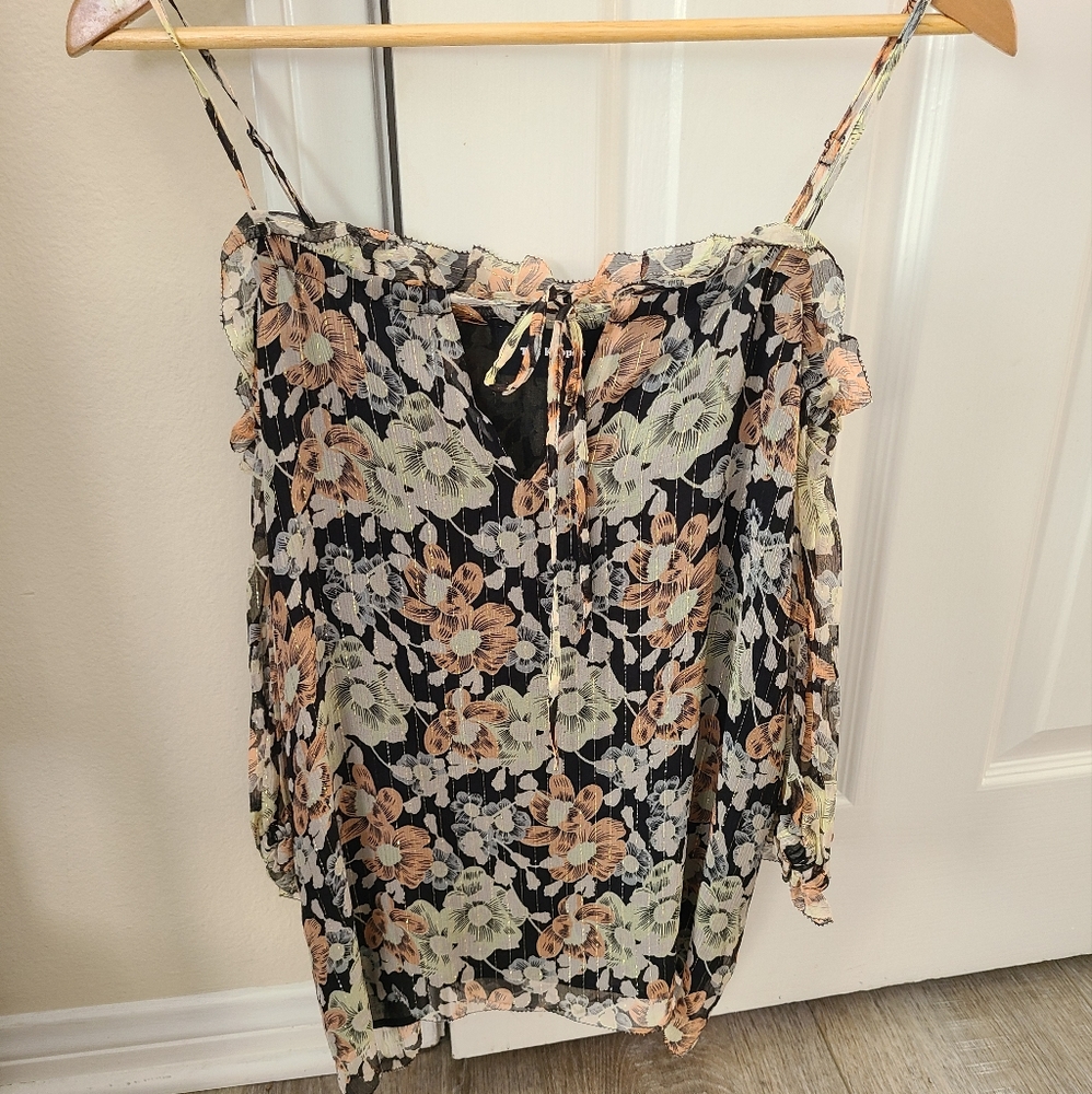 The Kooples Silk Cold Shoulder Floral Blouse